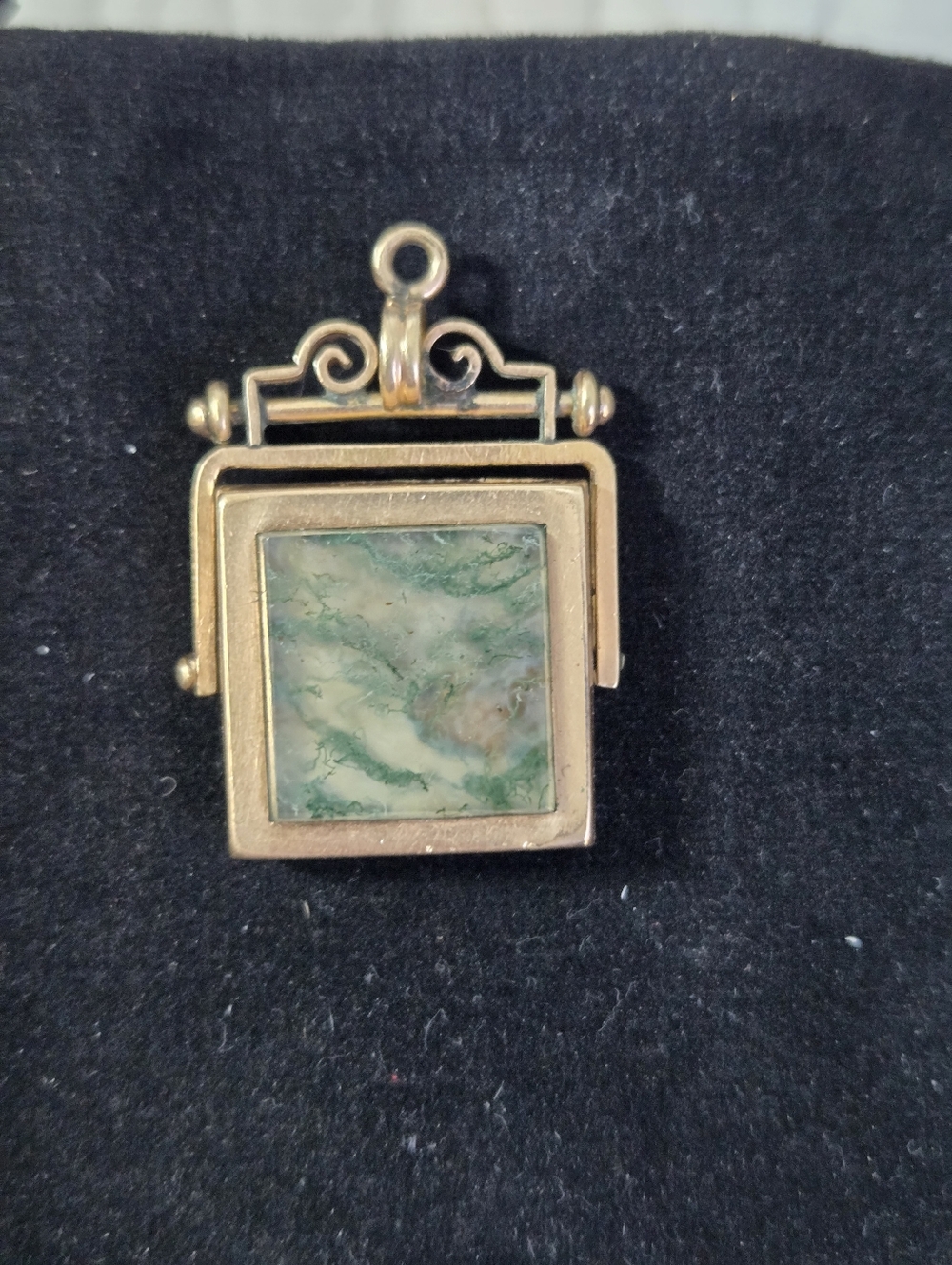 Victorian Gold Filled Moss Agate Stone Square Pendant Fob